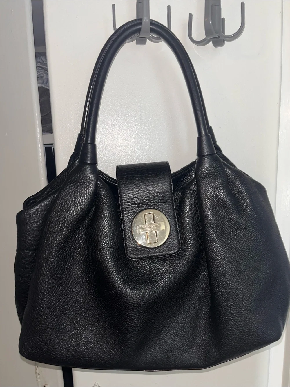 kate spade Black Pebbled Leather Shoulder Bag with Silver-Tone Turn Lock